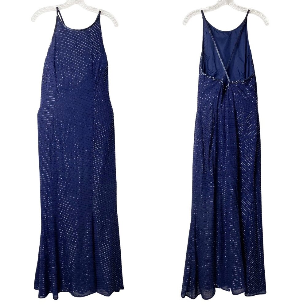 Hannah Lynn Navy Blue Silk Dress Beaded Sleeveless Gown Size Large Prom Elegant